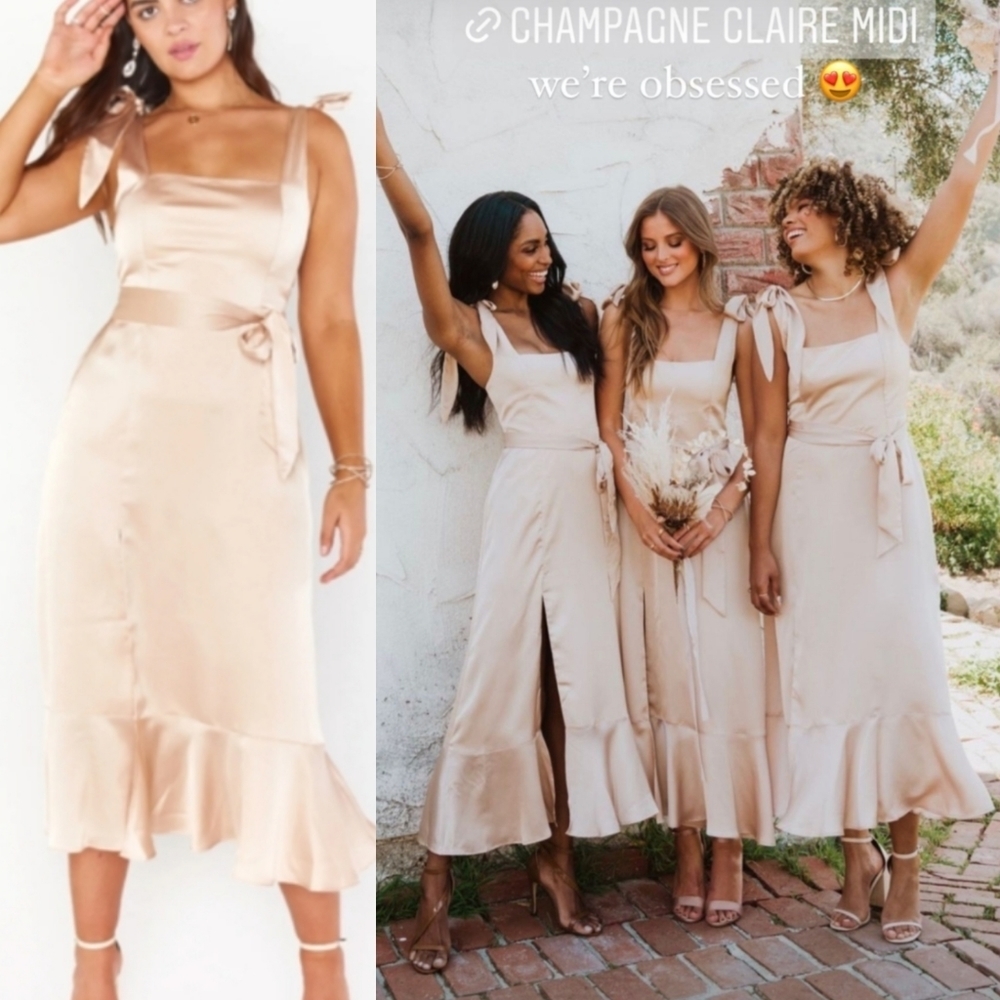 Show Me Your Mumu Claire Midi Dress Women's Medium Champagne Lux Satin